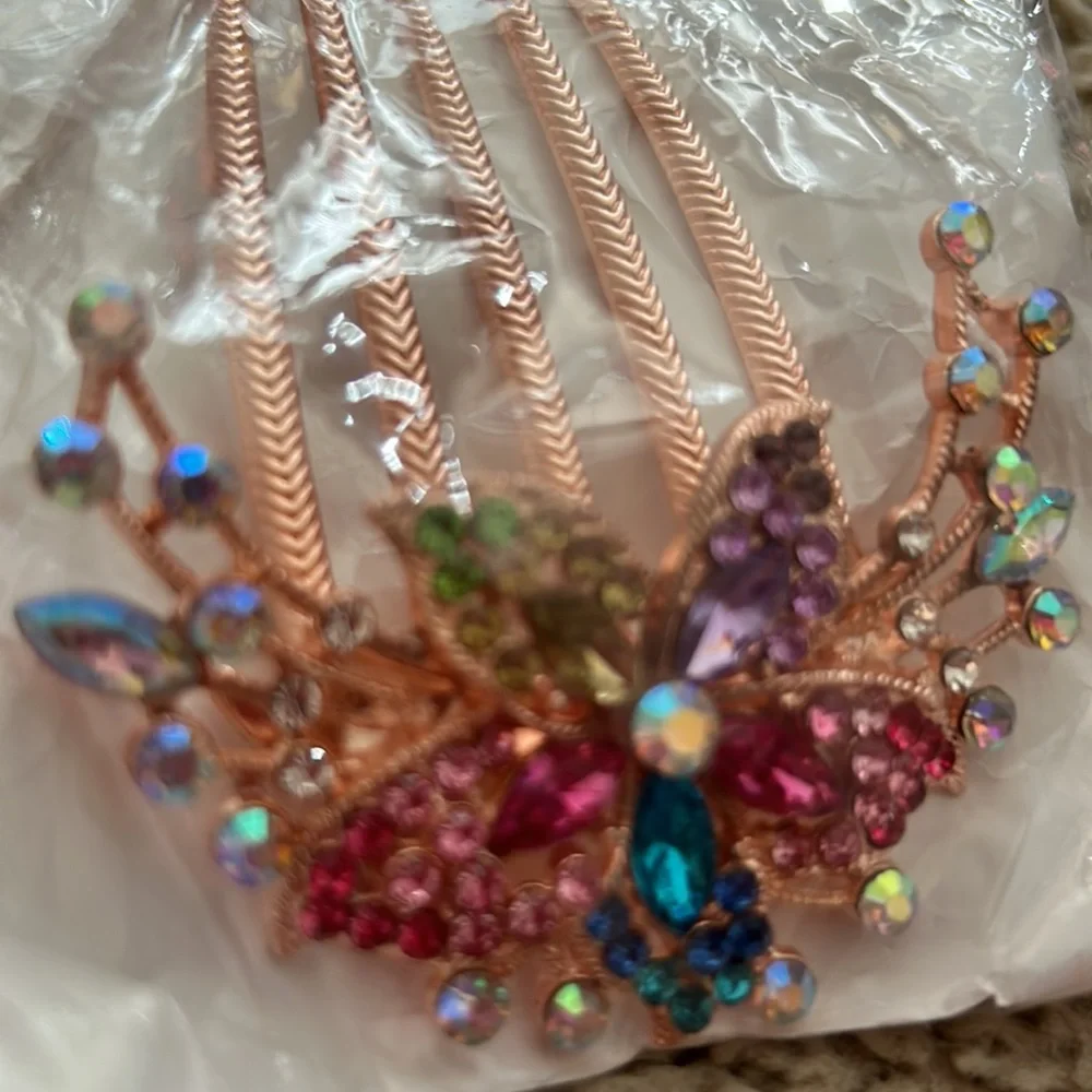 Hair Barette comb Rose Golden crystal rhinestone flower